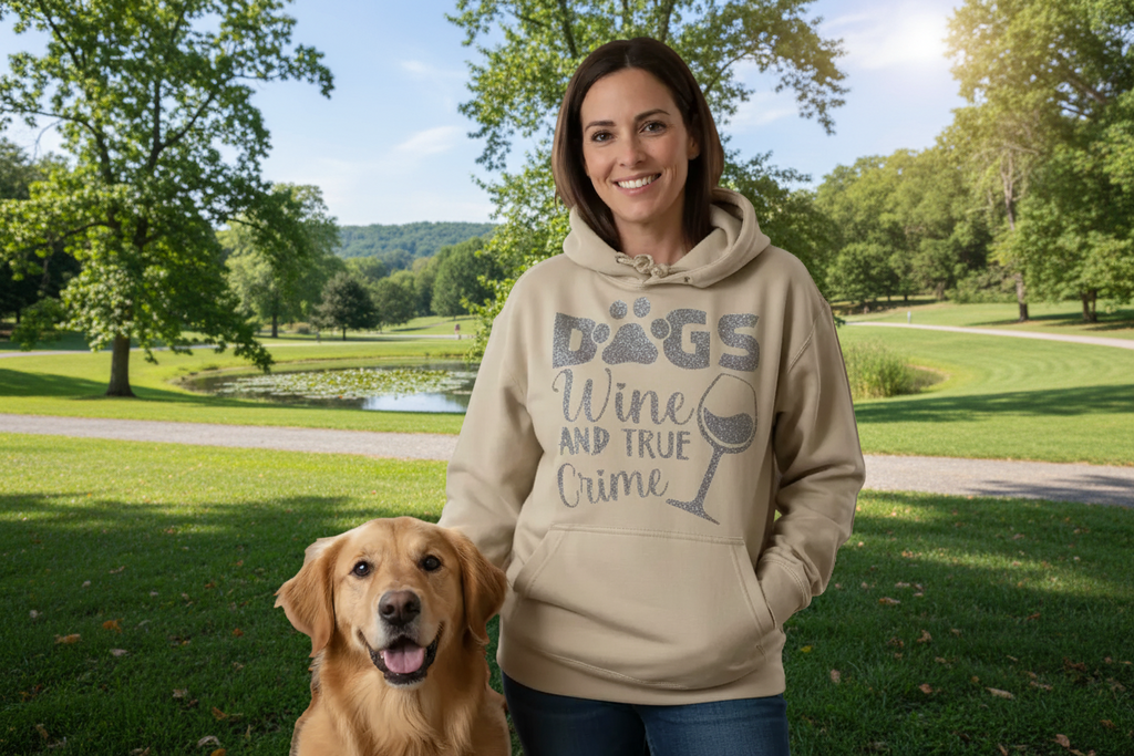 Womens sand coloured comfy hoodie with playful logo in gold sparkle htv