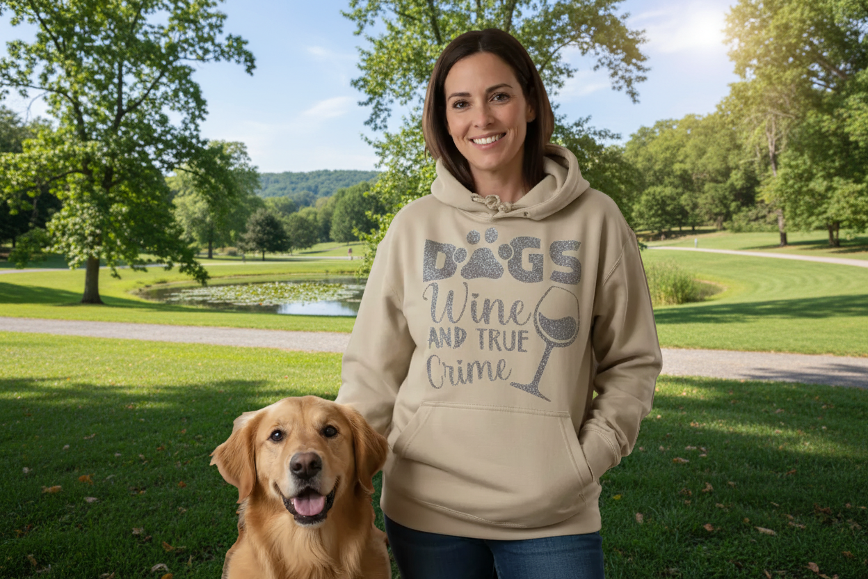 Womens sand coloured comfy hoodie with playful logo in gold sparkle htv