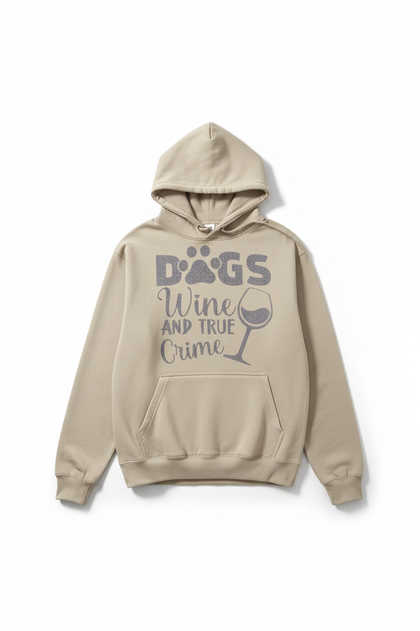 Womens sand coloured comfy hoodie with playful logo in gold sparkle htv