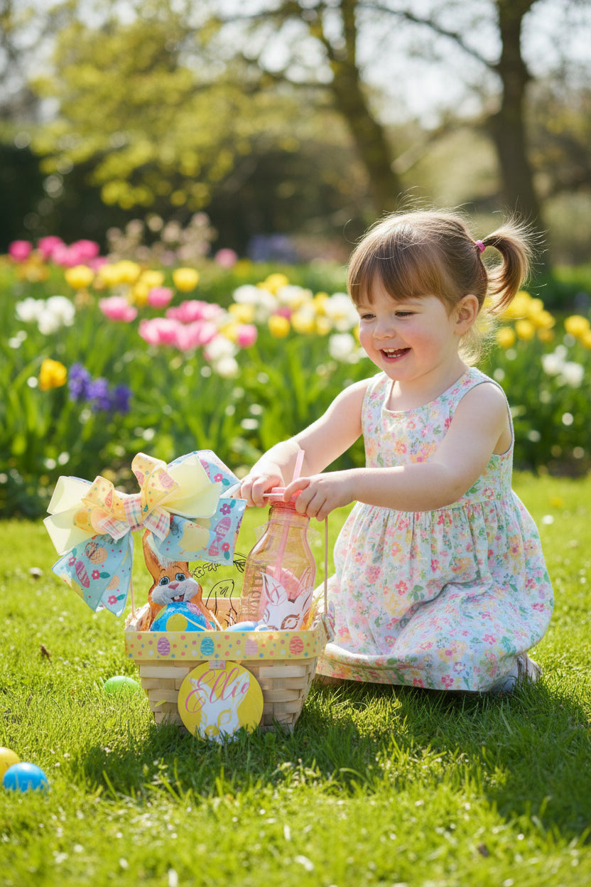 Kids peronalised decorated filled easter basket with custom drinks bottle